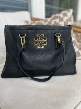 Tory Burch Black Leather Shoulder Tote with Gold Logo